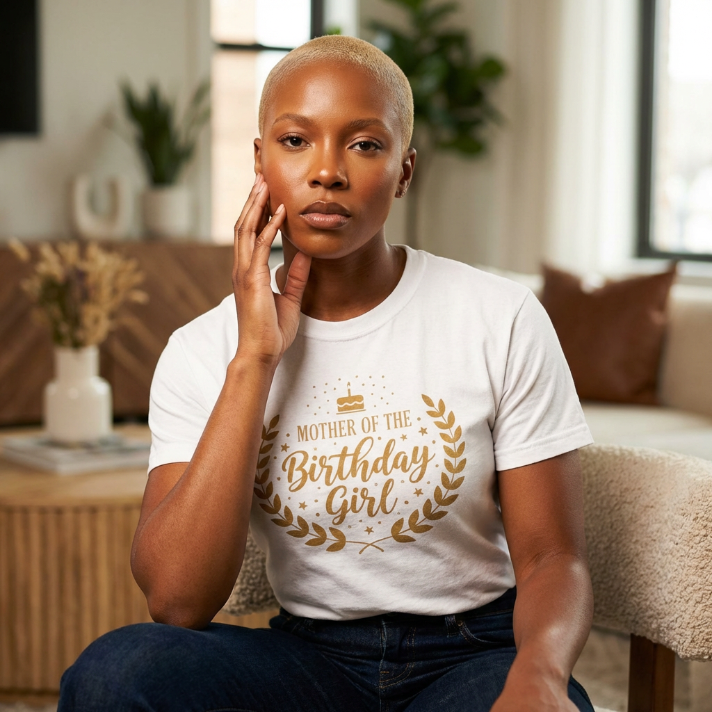 Mother of the Birthday Girl Tee — Gold Laurel Birthday Mom Shirt