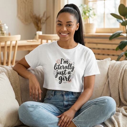 Literally Just a Girl Crop Tee — Feminine Floral Graphic Top (reads "I'm literally just a girl"; back: "Mind Your Business")