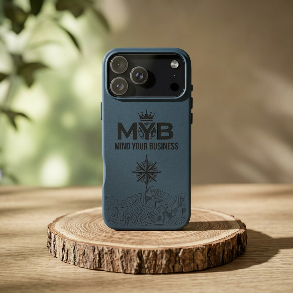 PU Leather Phone Case — Engraved “M.Y.B. Mind Your Business” Slim Protective Cover