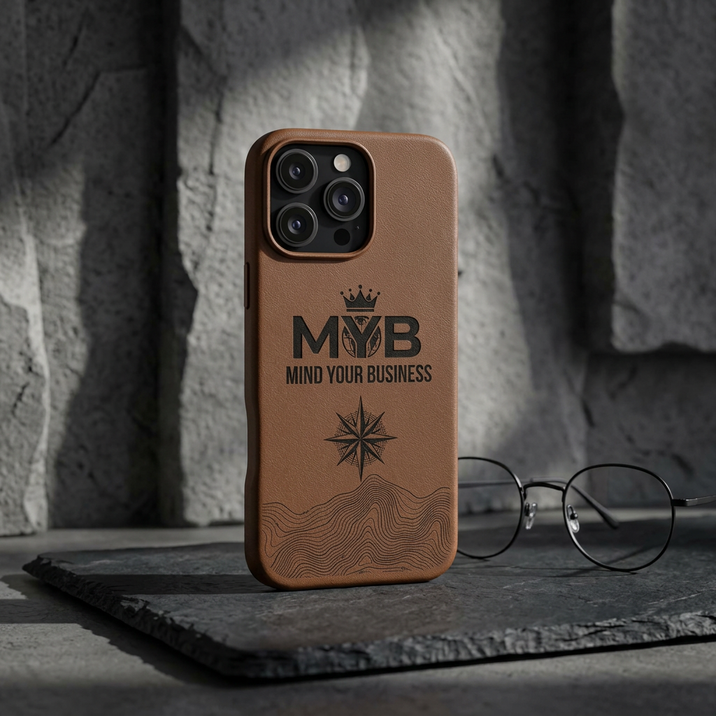 PU Leather Phone Case — Engraved “M.Y.B. Mind Your Business” Slim Protective Cover