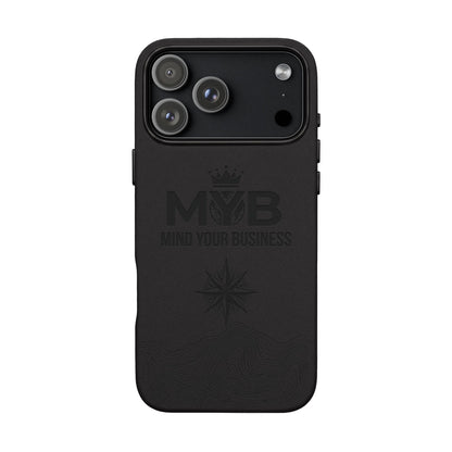 PU Leather Phone Case — Engraved “M.Y.B. Mind Your Business” Slim Protective Cover